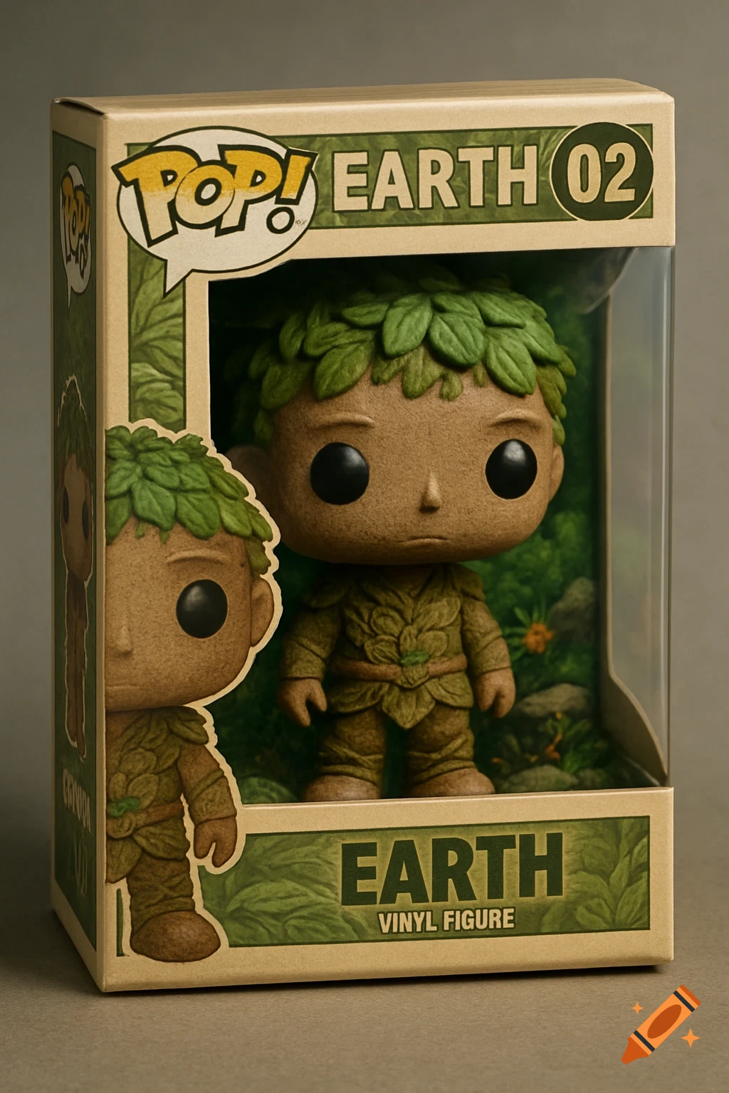 A Funko Pop 'Earth 02' vinyl figure, brown with green leaves, displayed in its original box.