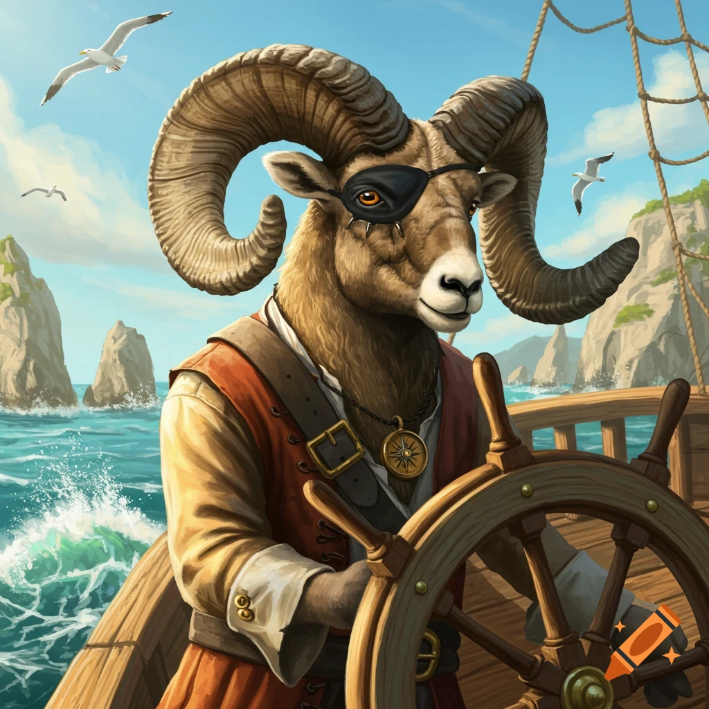 Illustrated bighorn sheep pirate with an eyepatch steers a ship on a sunny day with seagulls and islands.