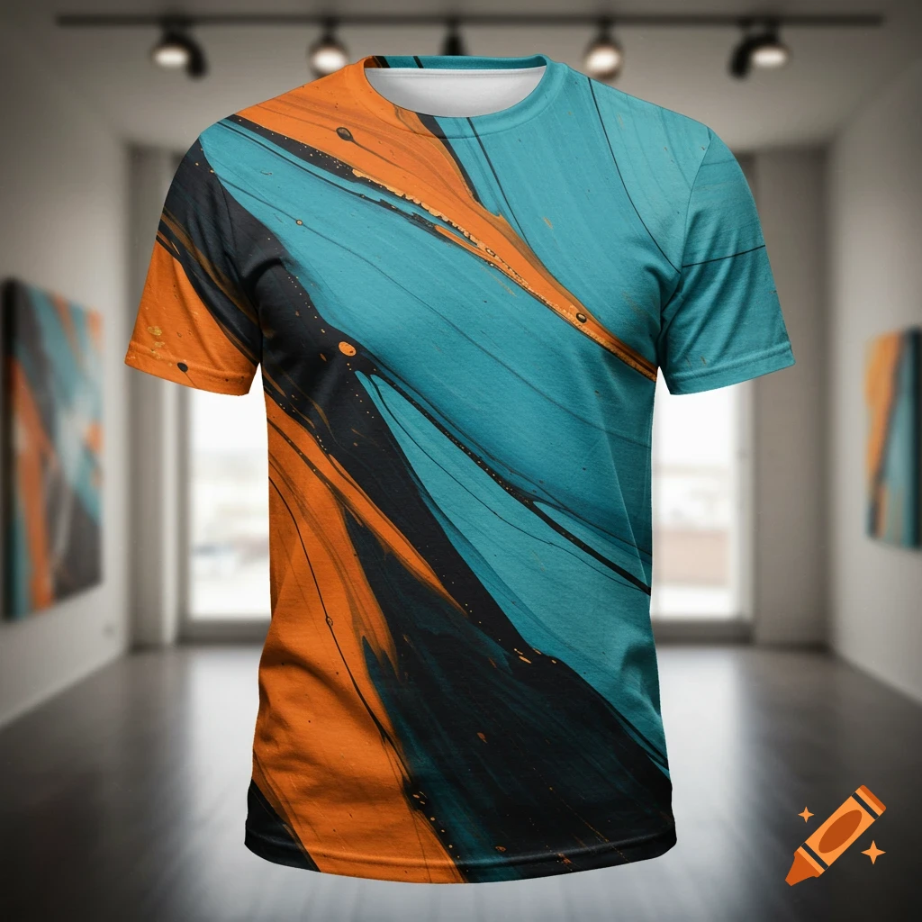 A T-shirt with an abstract design of teal, orange, and black paint strokes, displayed in a modern art gallery setting.