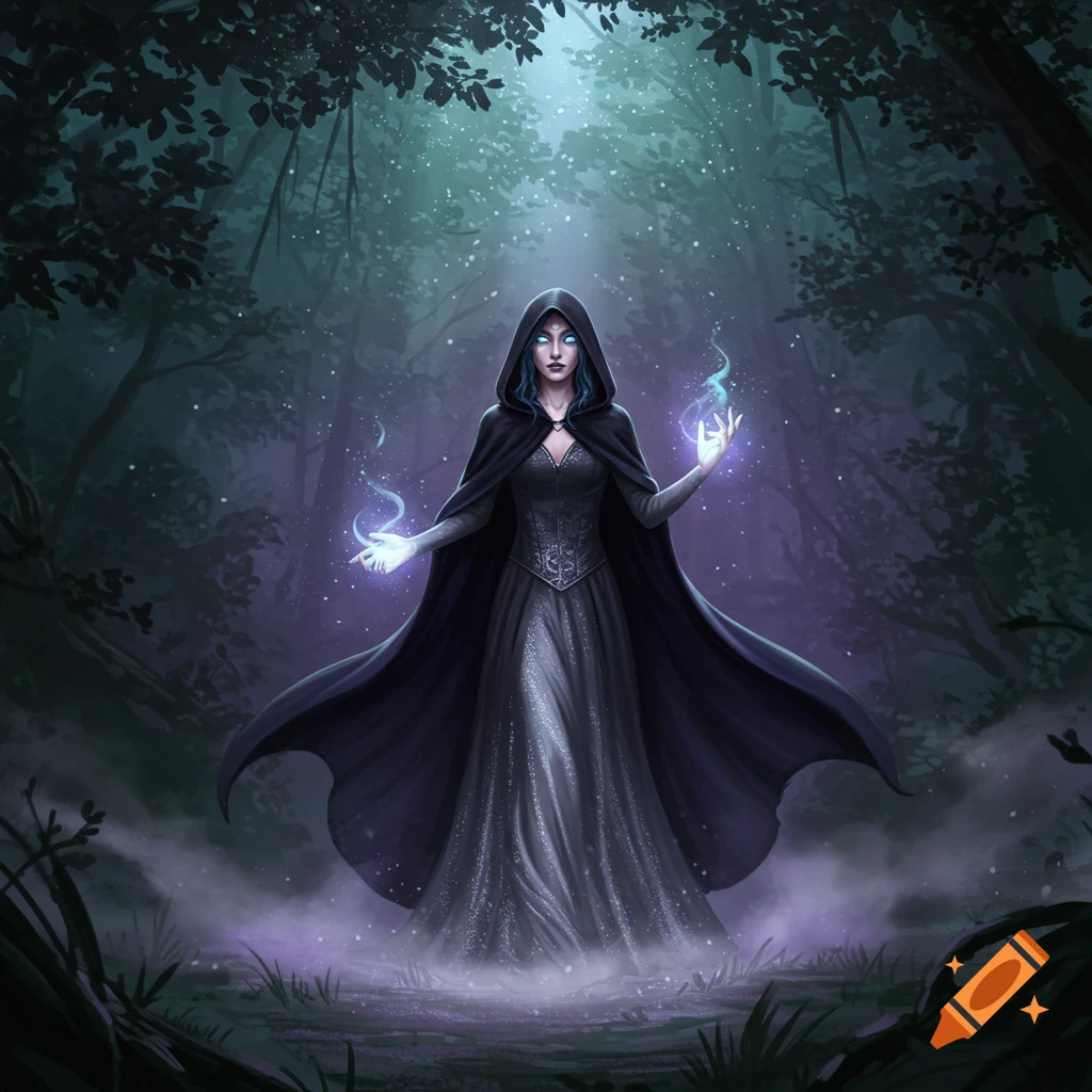 A cloaked witch with glowing hands casts a purple spell in a dark, ethereal forest, illuminated by a beam of light.