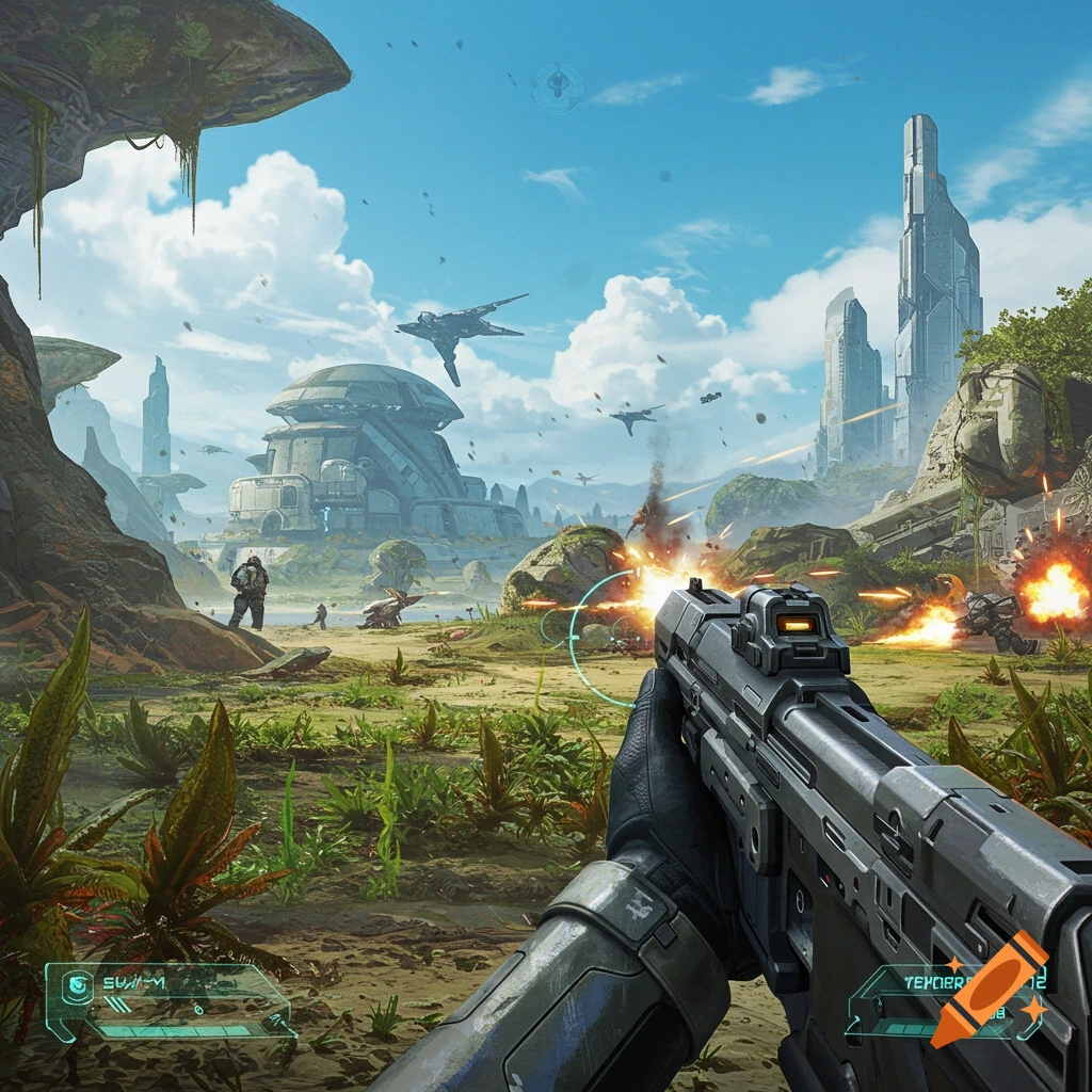 First-person view of a futuristic battle with a gun firing, set on an ...