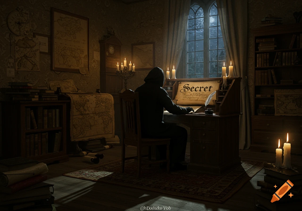 A hooded figure writes 'Secret' on paper at a candlelit desk in a dark, mysterious study with maps, books, and a moonlit window.