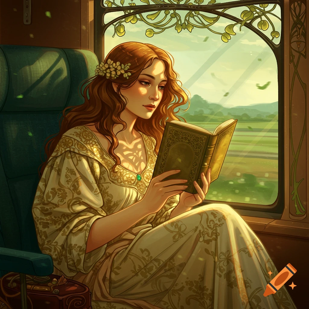 An Art Nouveau illustration of a woman with long wavy hair reading a book on a train, looking out a window at a green landscape.