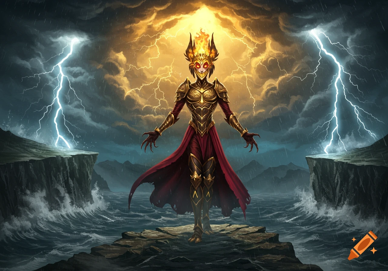 A fiery demon in golden armor and a red cape stands on a cliff overlooking a stormy sea under a sky split by lightning and golden light.
