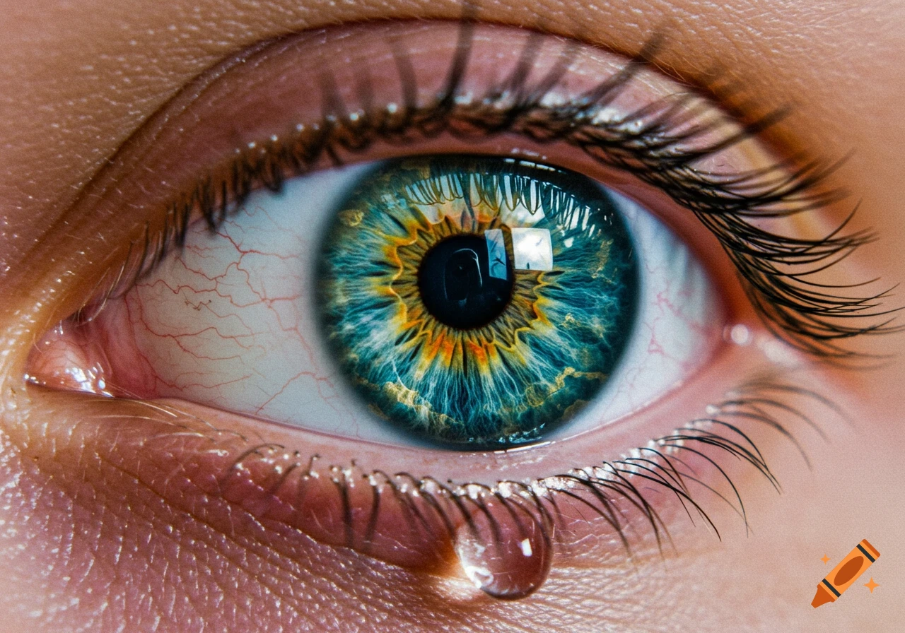 Macro shot of a detailed human eye with a vibrant blue and gold iris and a single tear drop on the lower eyelid.