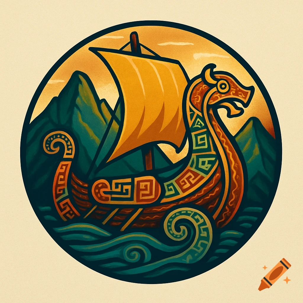 A stylized Viking longship with Inca-style patterns, sailing on waves against mountains, framed in a circular logo illustration.