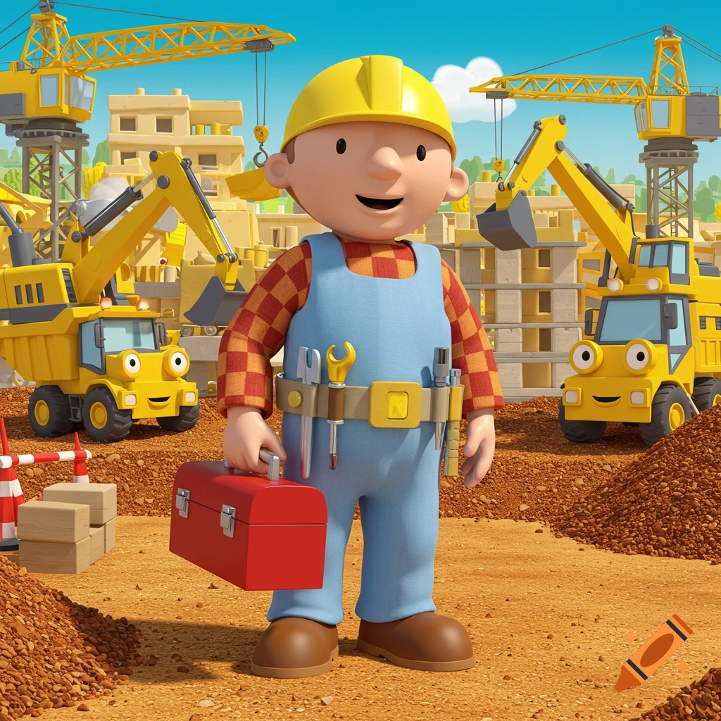 Bob the Builder stands on a construction site, holding a red toolbox, surrounded by cartoon excavators and cranes.