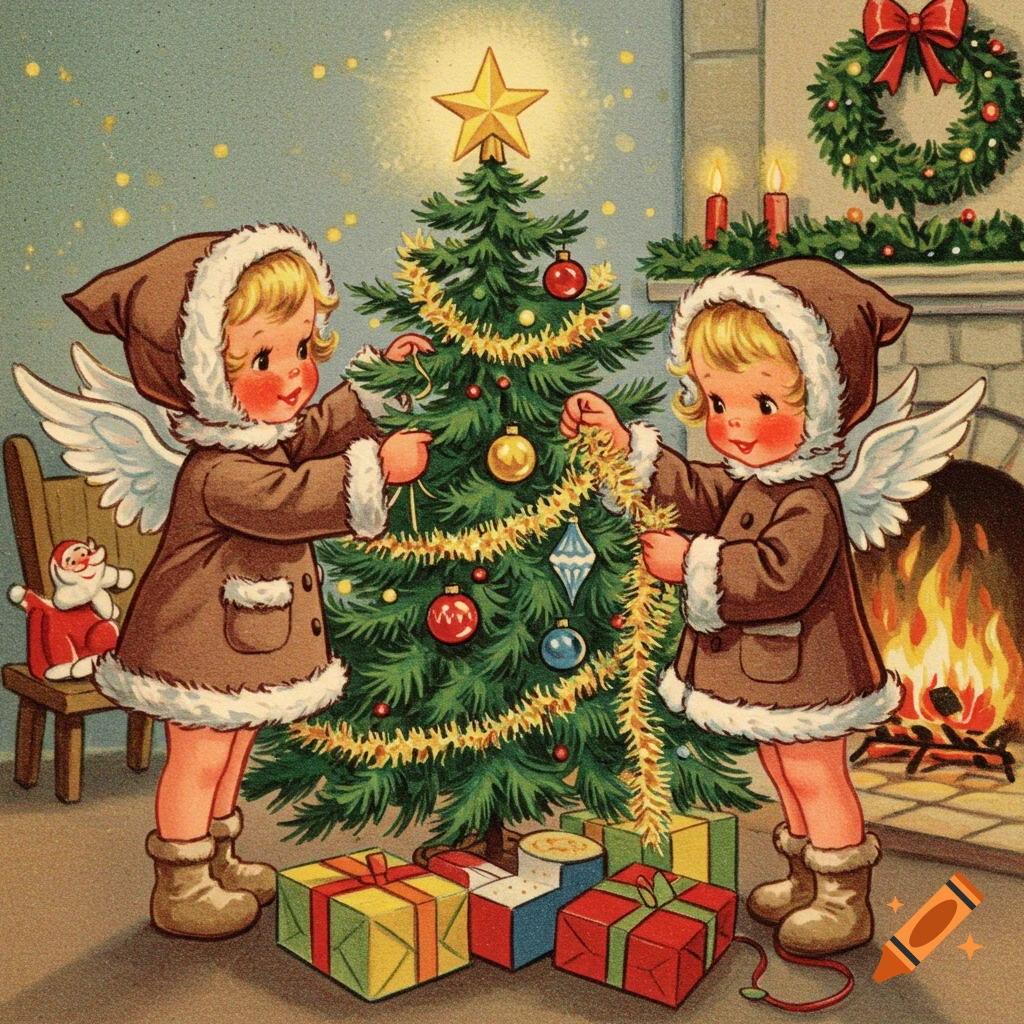 A vintage illustration of two young angels in warm coats decorating a Christmas tree, with presents and a fireplace.