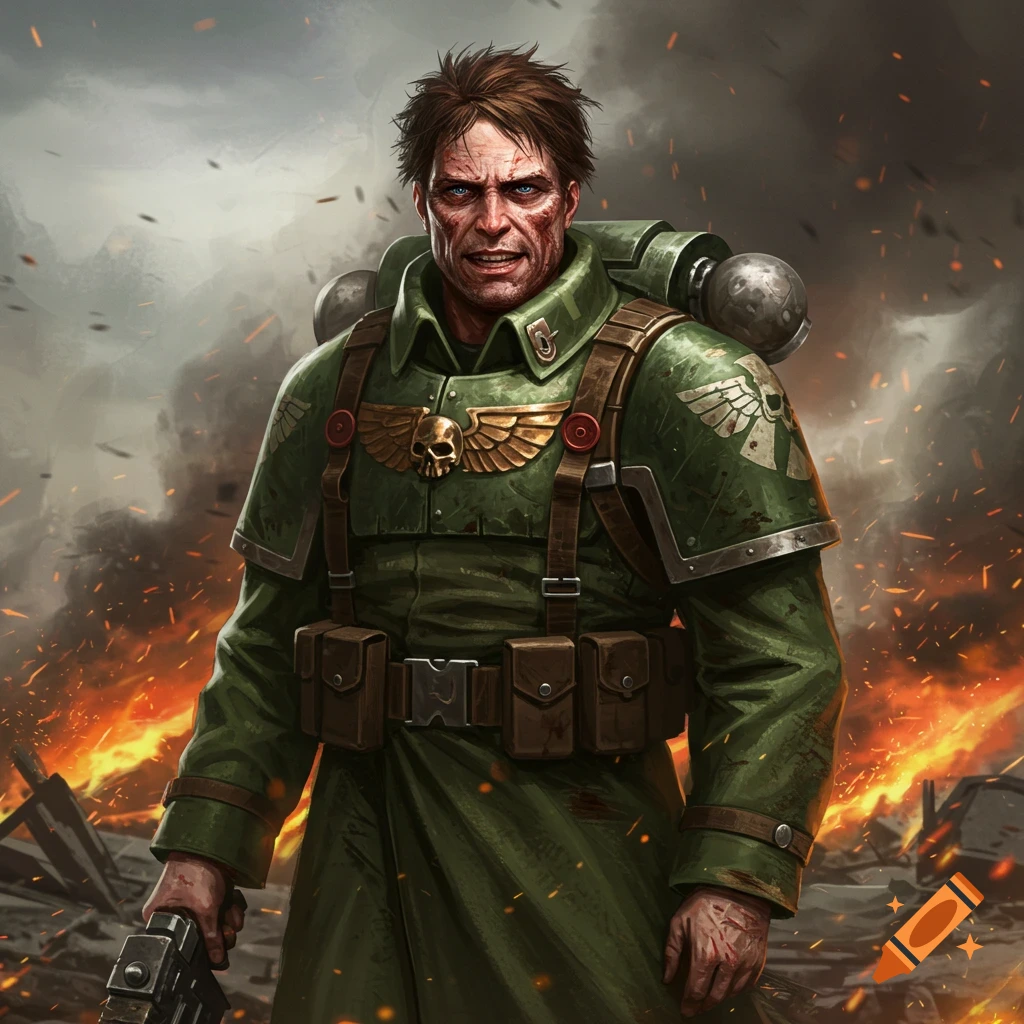 A grim-faced Astra Militarum trooper with scarred skin, brown hair, and a green uniform, holding a gun amidst fiery battle debris.