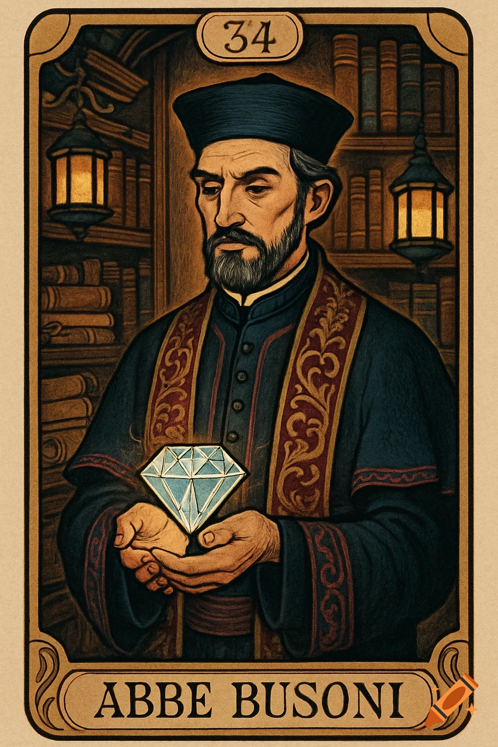Tarot-style illustration of Abbe Busoni, a man in priest's clothing, holding a diamond, with '34' and his name displayed.