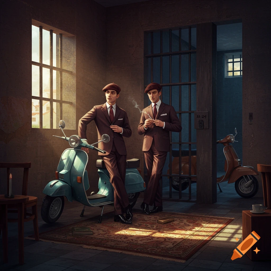 Two men in brown suits and berets pose with a turquoise scooter in a sunlit jail cell, with another scooter visible in the background.