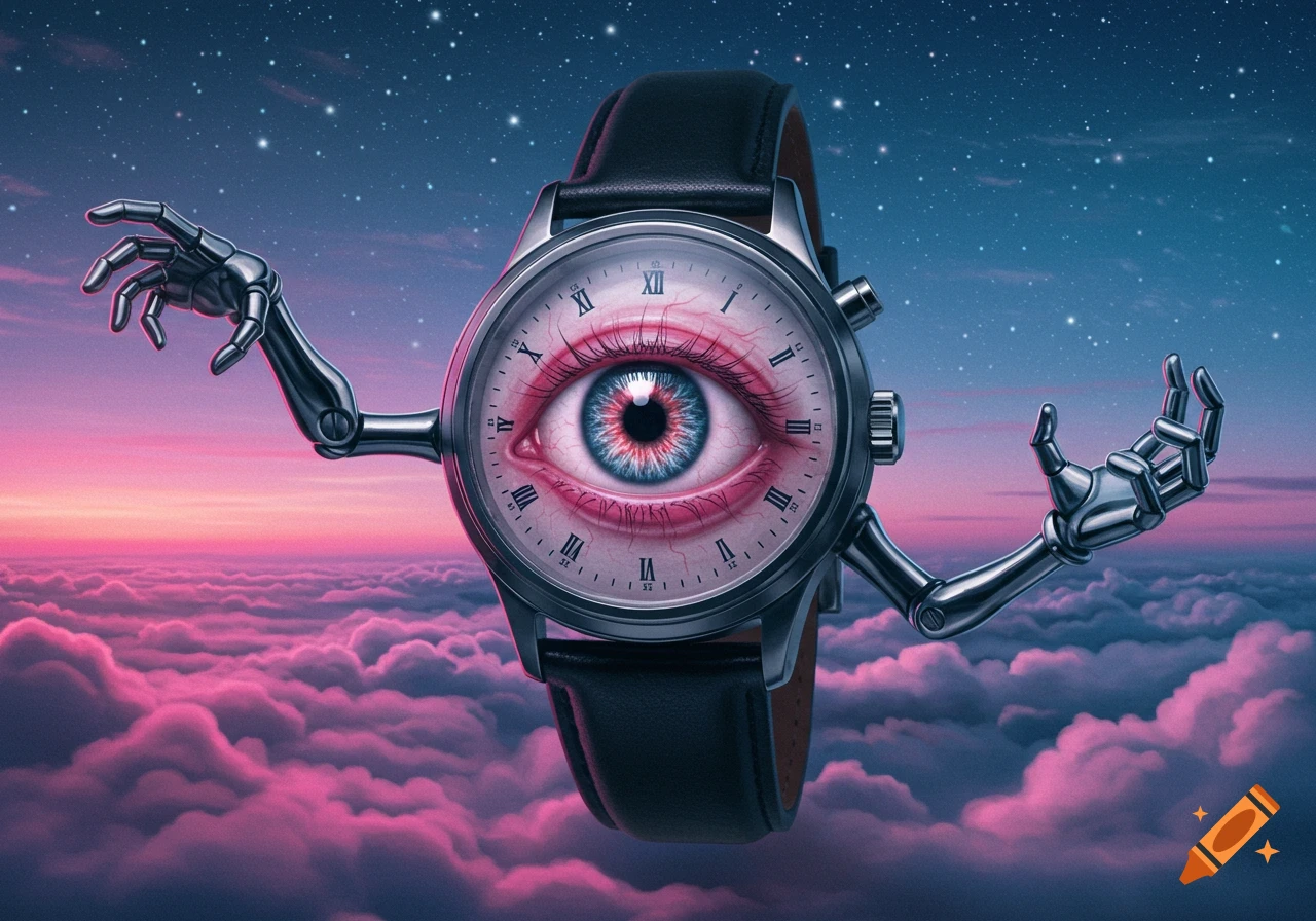A surreal watch with a blue and red eye as its face, mechanical arms, floating above pink and purple clouds under a starry night sky.