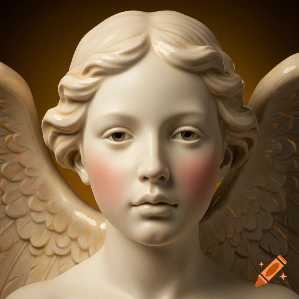 Close-up of a photorealistic porcelain angel's face with delicate features, flushed cheeks, and golden-accented wings.