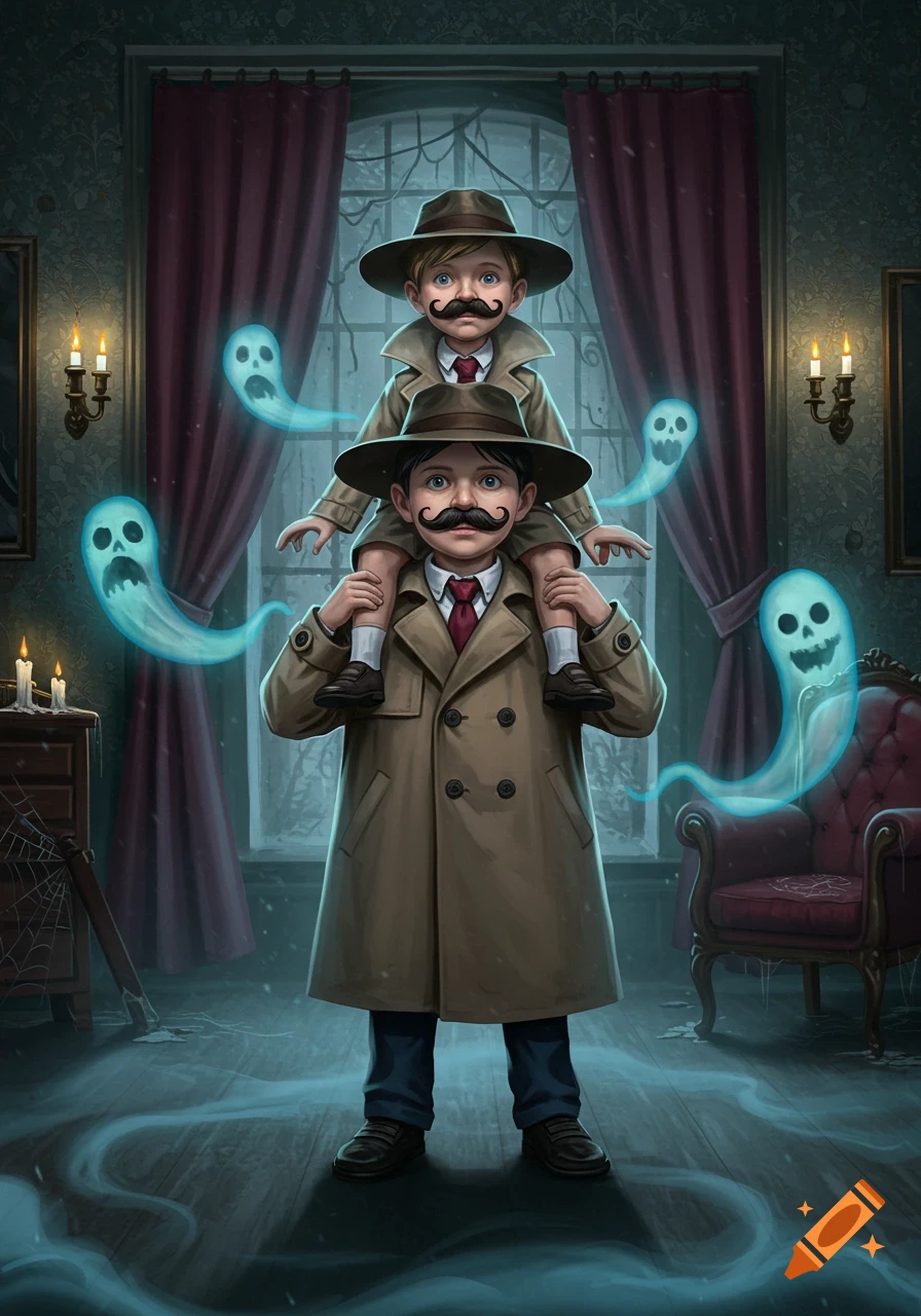 Detailed illustration of two children, one on shoulders, dressed as detectives with fake mustaches, investigating ghosts in a spooky room.