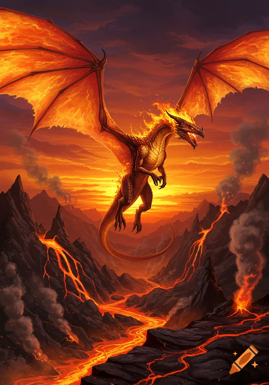 A fiery dragon with large, flaming wings flies over a volcanic landscape with rivers of glowing lava under an orange sky.