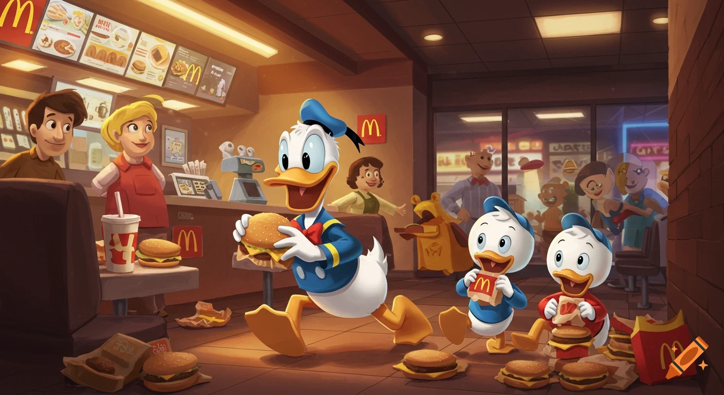 Donald Duck and his nephews, Huey, Dewey, and Louie, enthusiastically run through a McDonald's restaurant eating hamburgers.