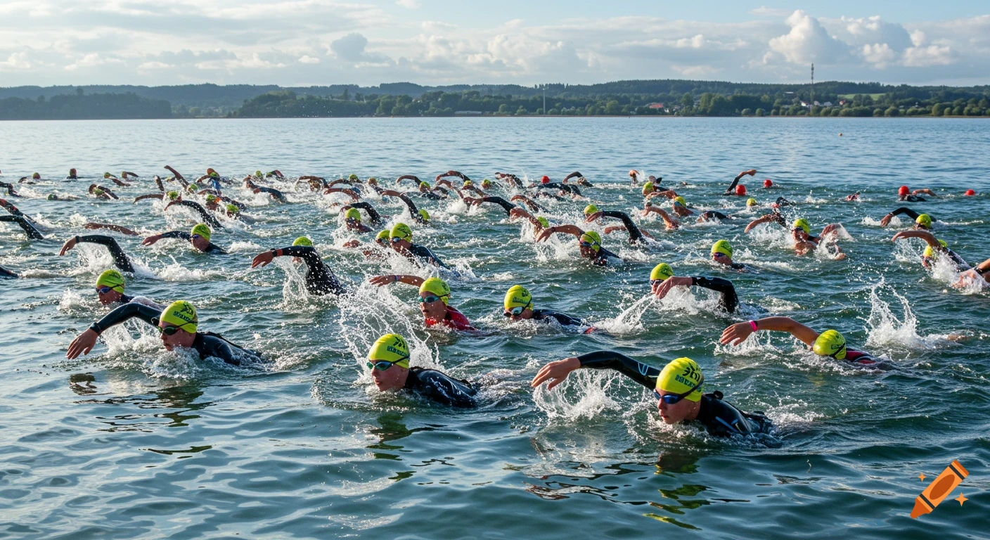 Dozens of athletes in wetsuits and yellow caps swim vigorously in open water during a photorealistic triathlon event.