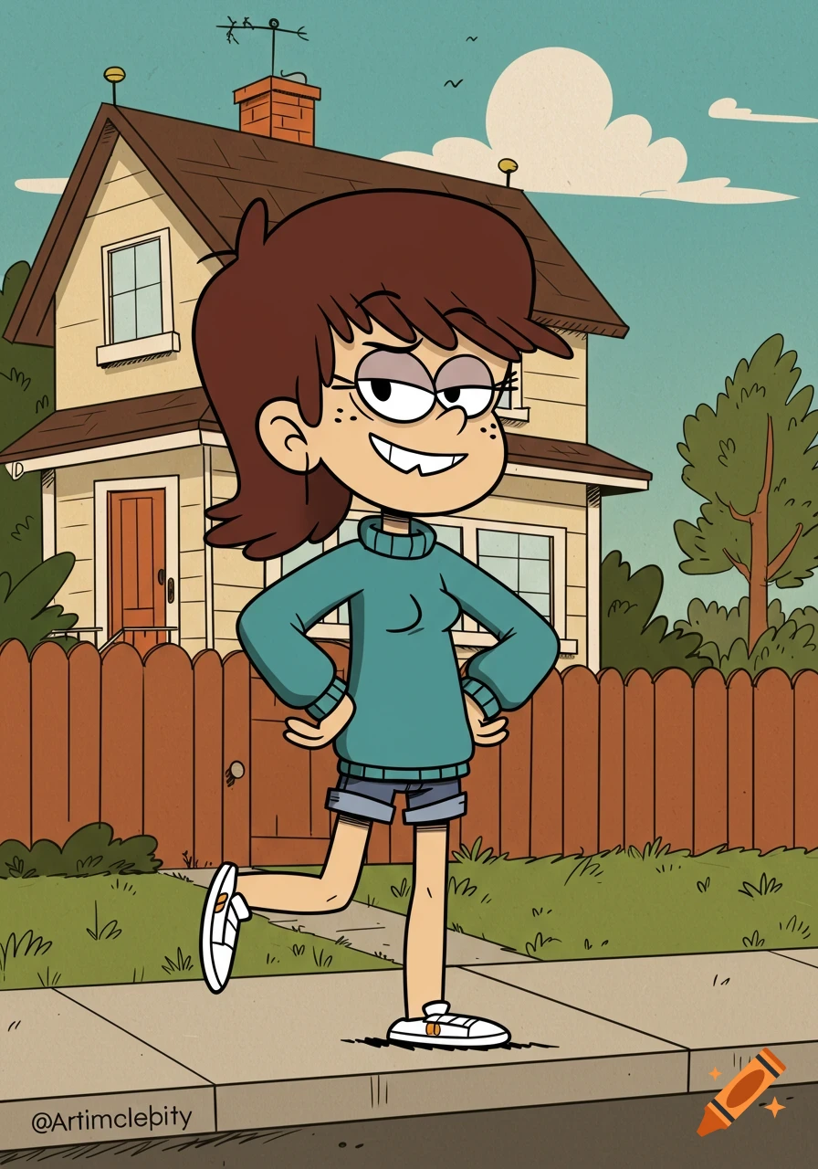 A cartoon girl in 'The Loud House' style with brown hair, wearing a teal sweater, denim shorts, and white sneakers, stands outside a house.