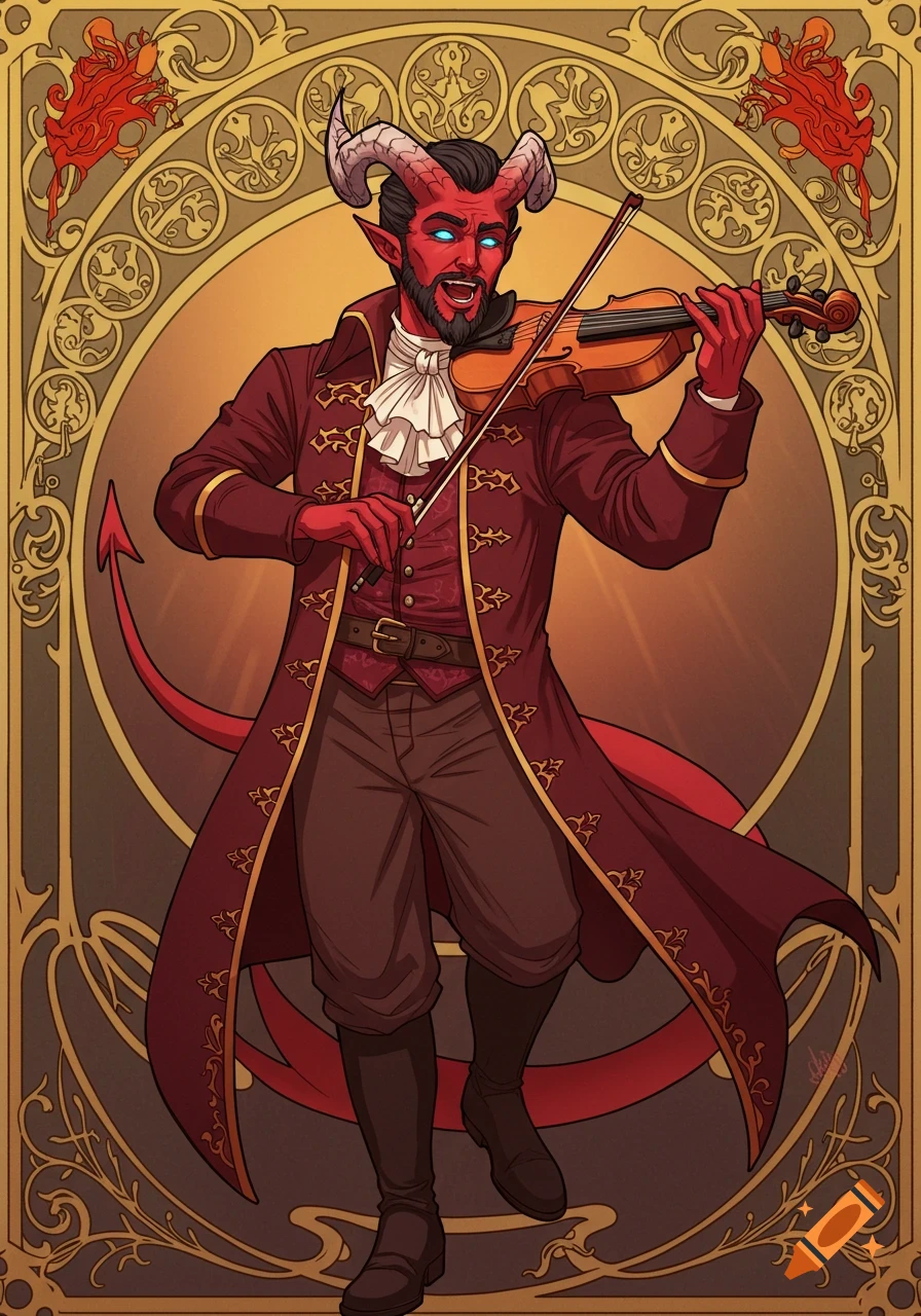A confident male Tiefling bard with red skin, horns, and glowing blue eyes plays a golden violin in a full-body Art Nouveau portrait with an ornate frame.