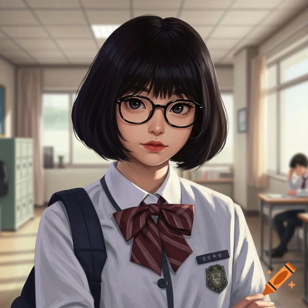 Digital art portrait of a Korean schoolgirl with short black hair and glasses, wearing a uniform in a classroom.
