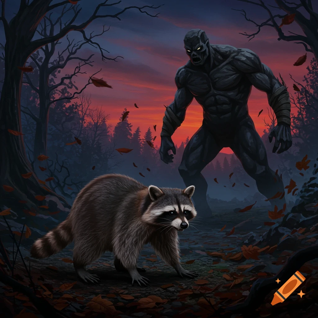 Monsterous Raccoons A raccoon confronts a giant dark monster with glowing eyes in a spooky ...