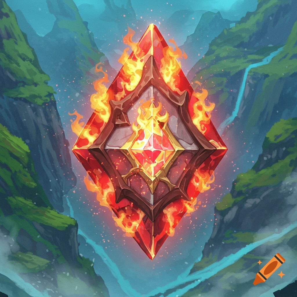 A vibrant, ornate red and gold fiery jewel artifact floats against a fantasy landscape of mountains and waterfalls.