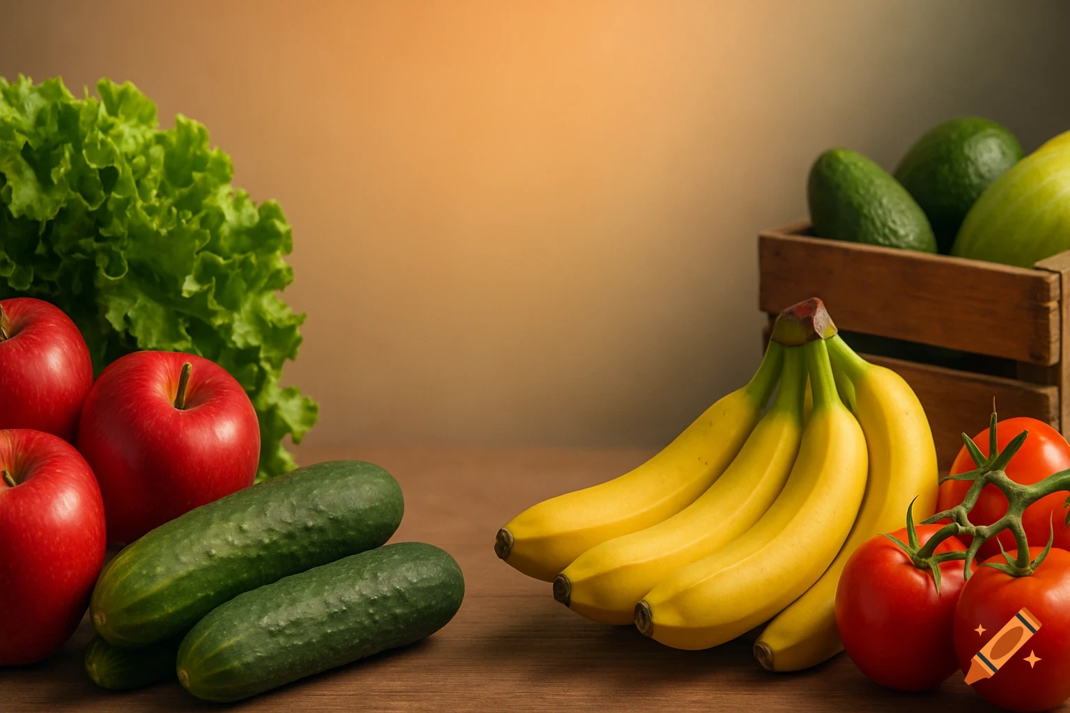 A photorealistic still life of fresh produce including red apples, green cucumbers, lettuce, yellow bananas, and red tomatoes on a wooden surface.
