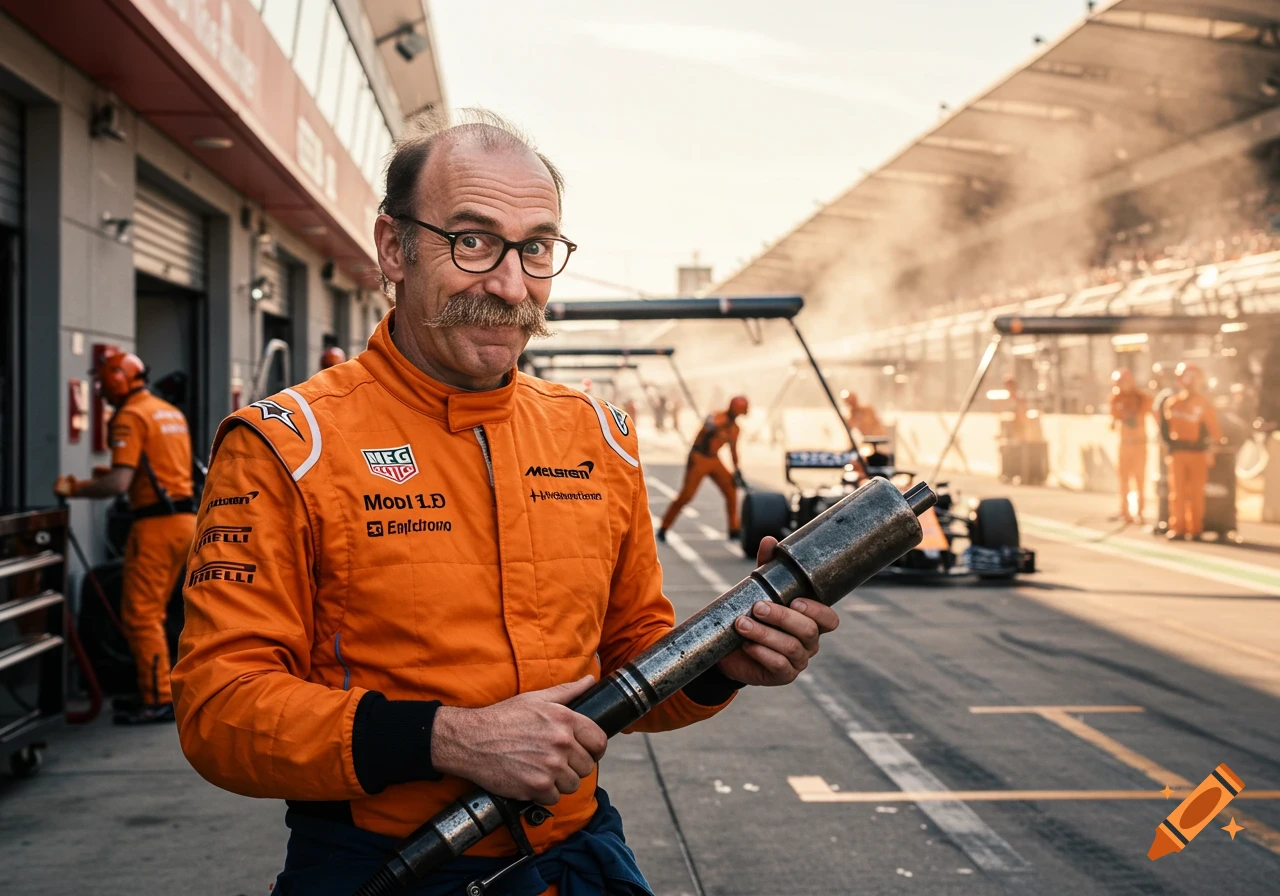 Photorealistic image of a man with a mustache and glasses in an orange McLaren pit crew suit, holding a broken tool at a Formula 1 race track pit lane.