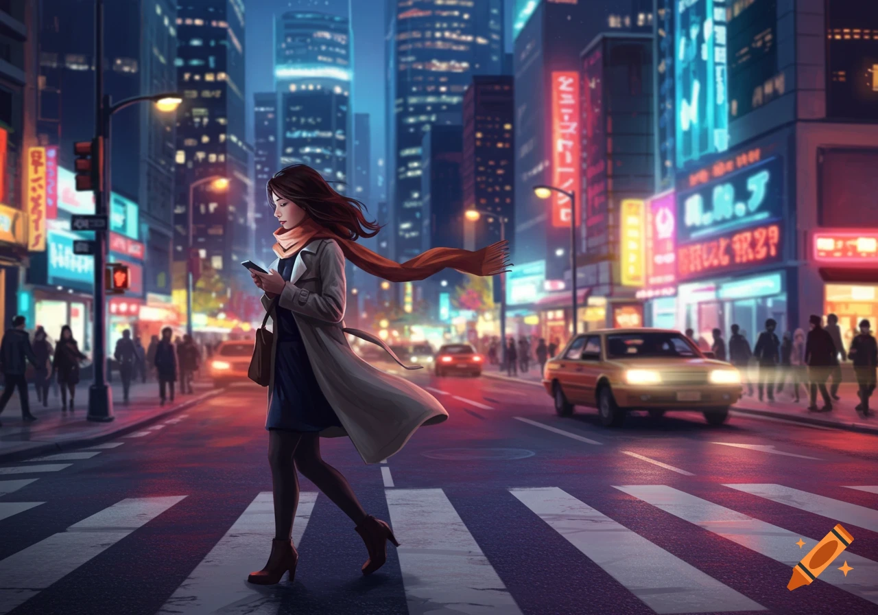 A woman in a trench coat and scarf looks at her phone while crossing a neon-lit city street at night. Cars and people fill the background.