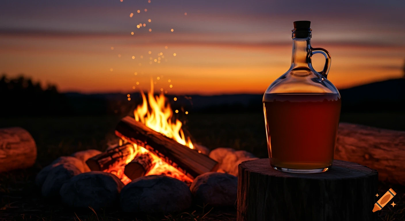 A clear glass jug filled with amber liquid sits on a cut log next to a bright campfire under a dramatic sunset sky.