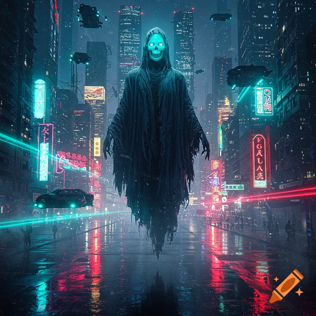 A skeletal grim reaper with glowing eyes hovers in a neon-lit ...