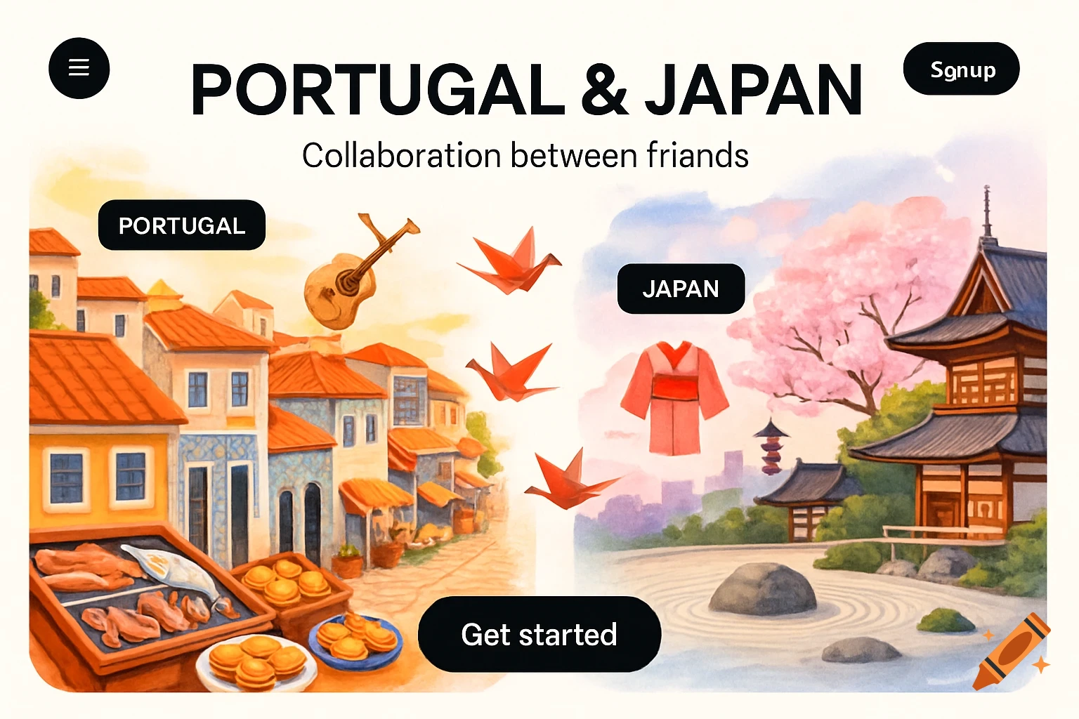 Watercolor-style web page illustration comparing Portugal and Japan, showing traditional buildings, food, a guitar, cherry blossoms, and a kimono.
