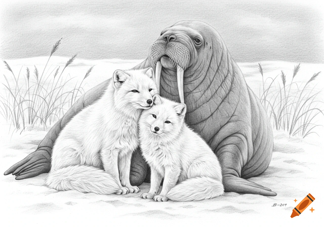 A black and white pencil drawing of a walrus embracing two arctic foxes in a snowy landscape.