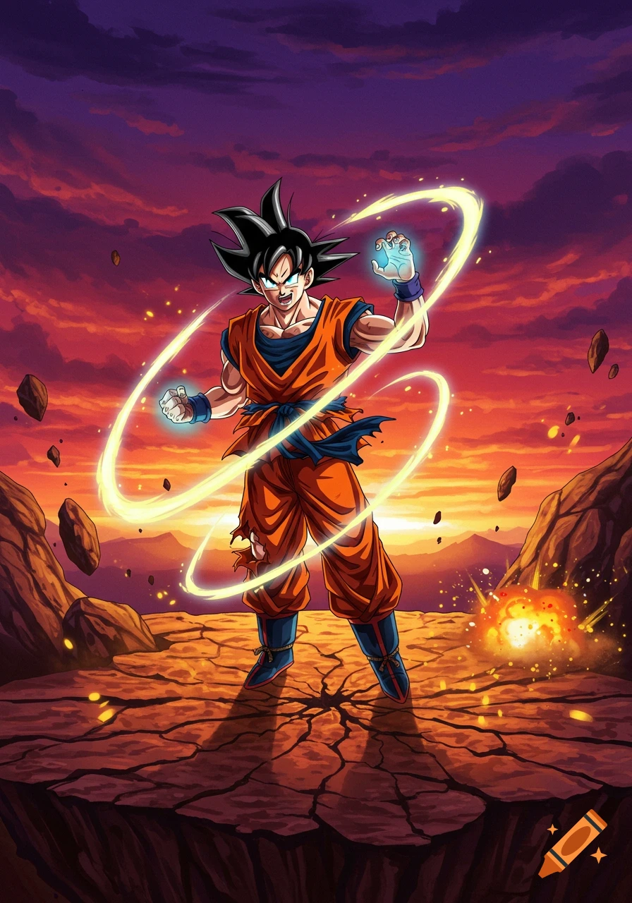 Anime style Goku from Dragon Ball in a battle stance on a rocky landscape with energy swirling around his hands under a dramatic sunset sky.