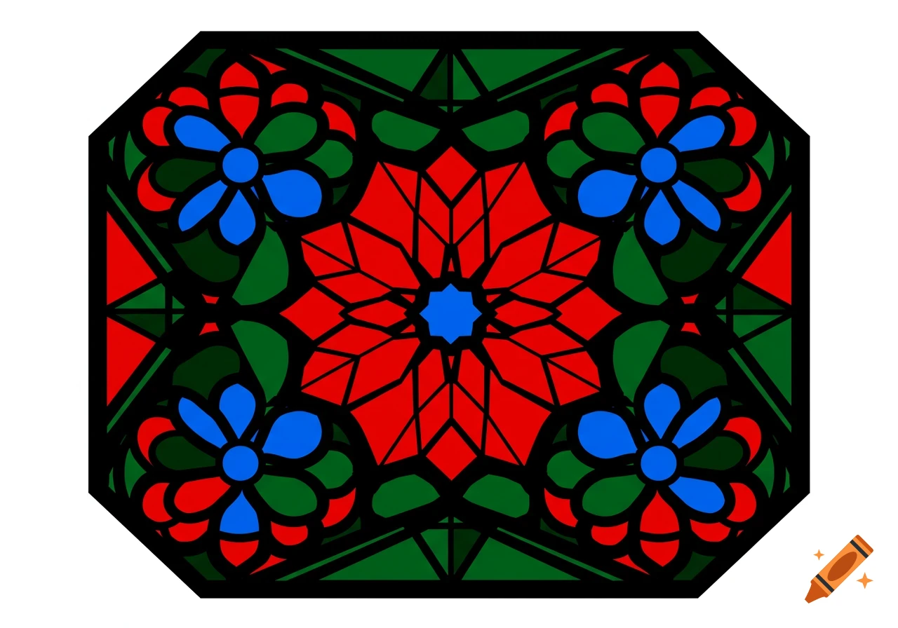 Octagonal stained glass pattern with a central blue star, red geometric shapes, and blue and red floral designs, outlined in black on a green background.