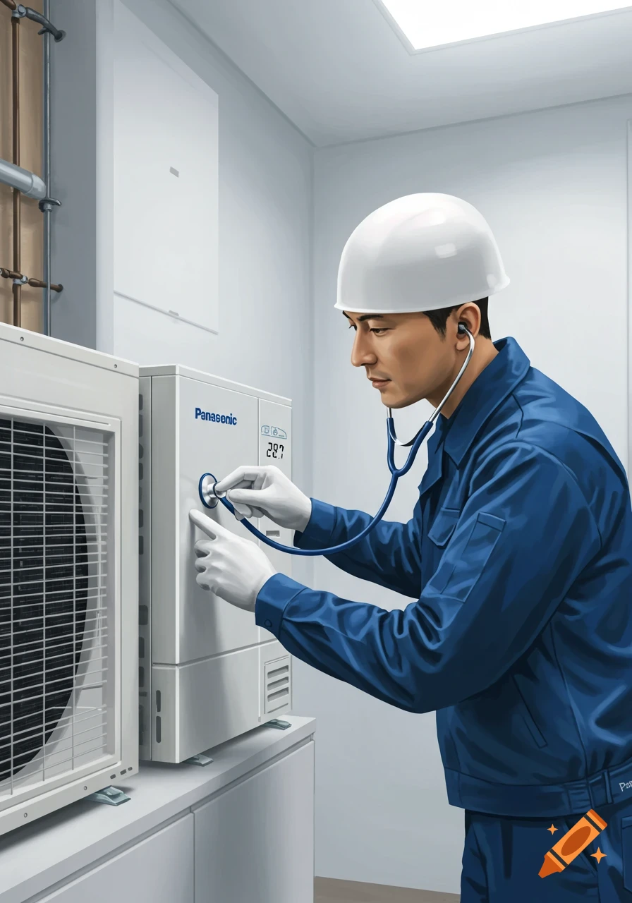 A serviceman in a white hard hat and blue uniform uses a stethoscope to inspect a Panasonic indoor unit in a technical room.