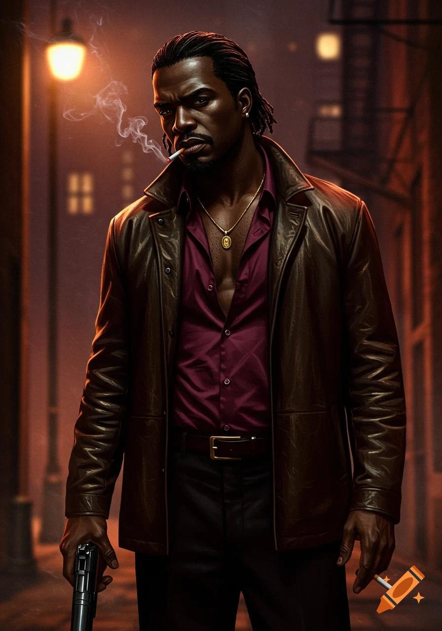 A Black man with dreadlocks in a leather jacket smokes a cigarette and holds a pistol in a dimly lit alley, photorealistic style.