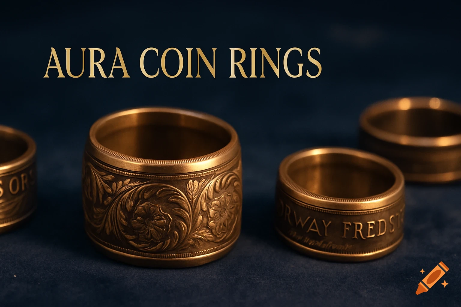 Close-up of three gold coin rings with intricate designs and some text, on a dark blue surface, with "AURA COIN RINGS" in golden text above.