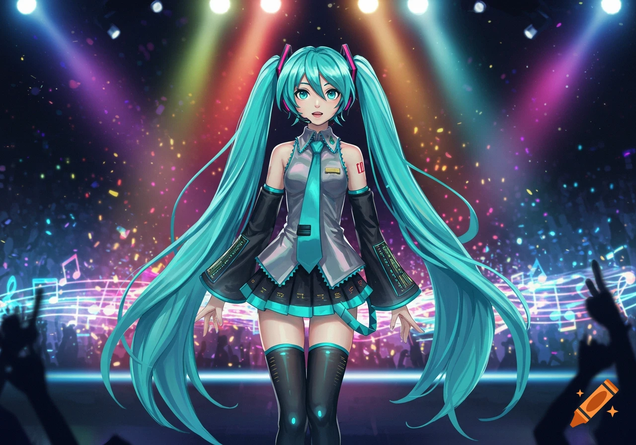 Hatsune Miku, with long teal pigtails, stands on a brightly lit stage, surrounded by musical notes and a cheering crowd.