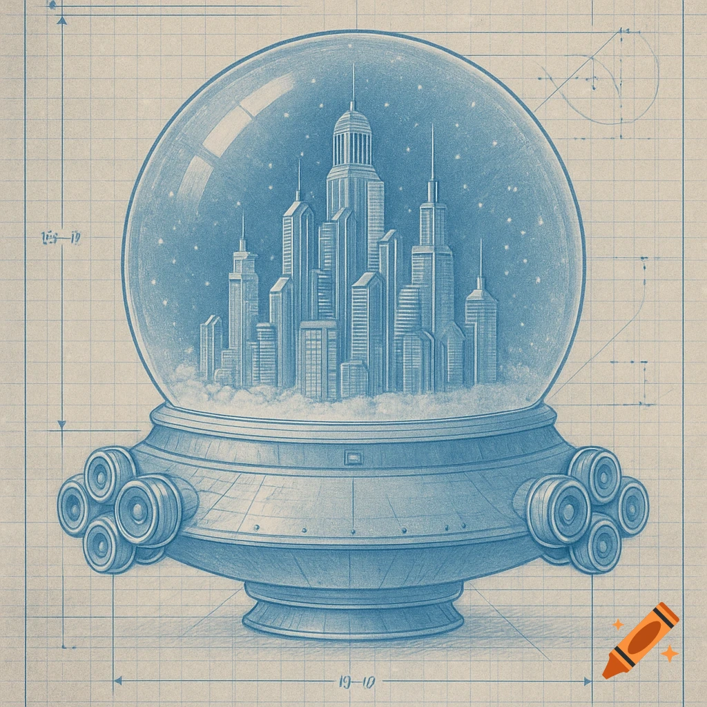 Blueprint drawing of a snowglobe containing a futuristic city, set on a UFO-like base, with stars and grid lines.