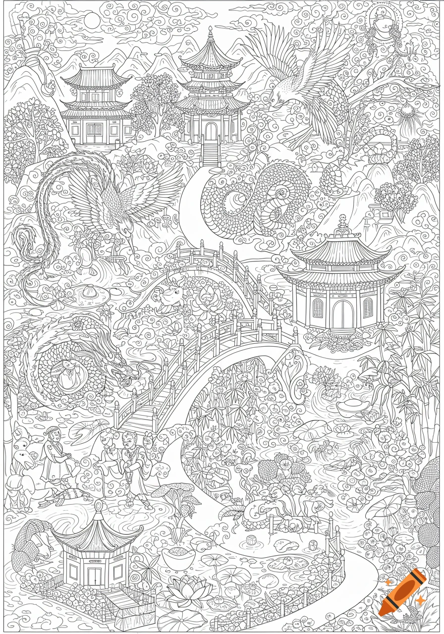 Intricate black-and-white line art of a traditional Chinese landscape with pagodas, bridges, dragons, phoenixes, and figures.