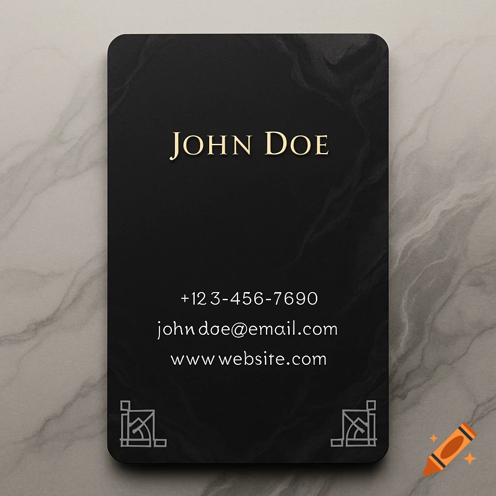 A sleek vertical black business card with gold text for John Doe, a phone number, email, and website, on a marble surface.