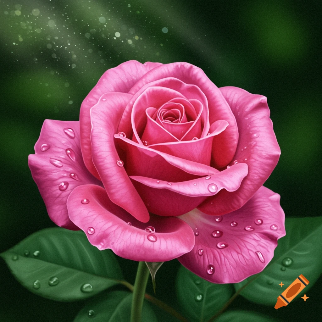 A vibrant pink rose with water droplets on its petals and leaves, against a blurred dark green background, photorealistic style.