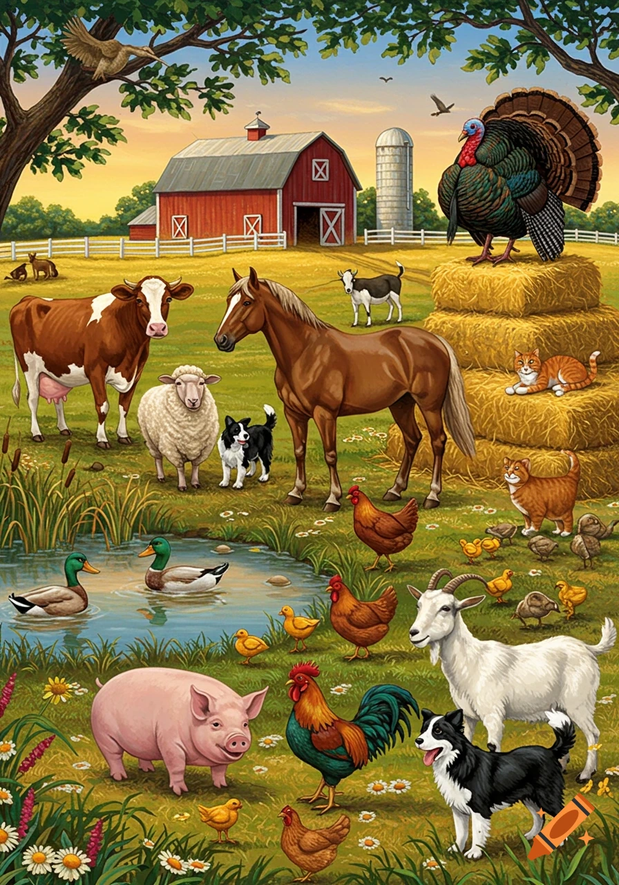 Colorful illustration of a farm scene with a red barn, pond, and various animals including a cow, horse, sheep, pig, ducks, chickens, goat, dogs, cats, and turkey.