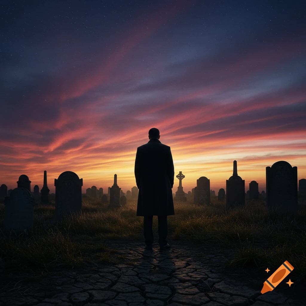 Photorealistic image of a man in a dark coat standing in a desolate graveyard under a vibrant sunset.