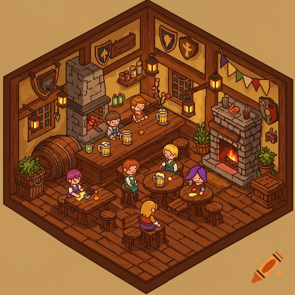 An isometric pixel art view of a bustling tavern interior with patrons drinking at the bar and tables, featuring fireplaces and wooden decor.