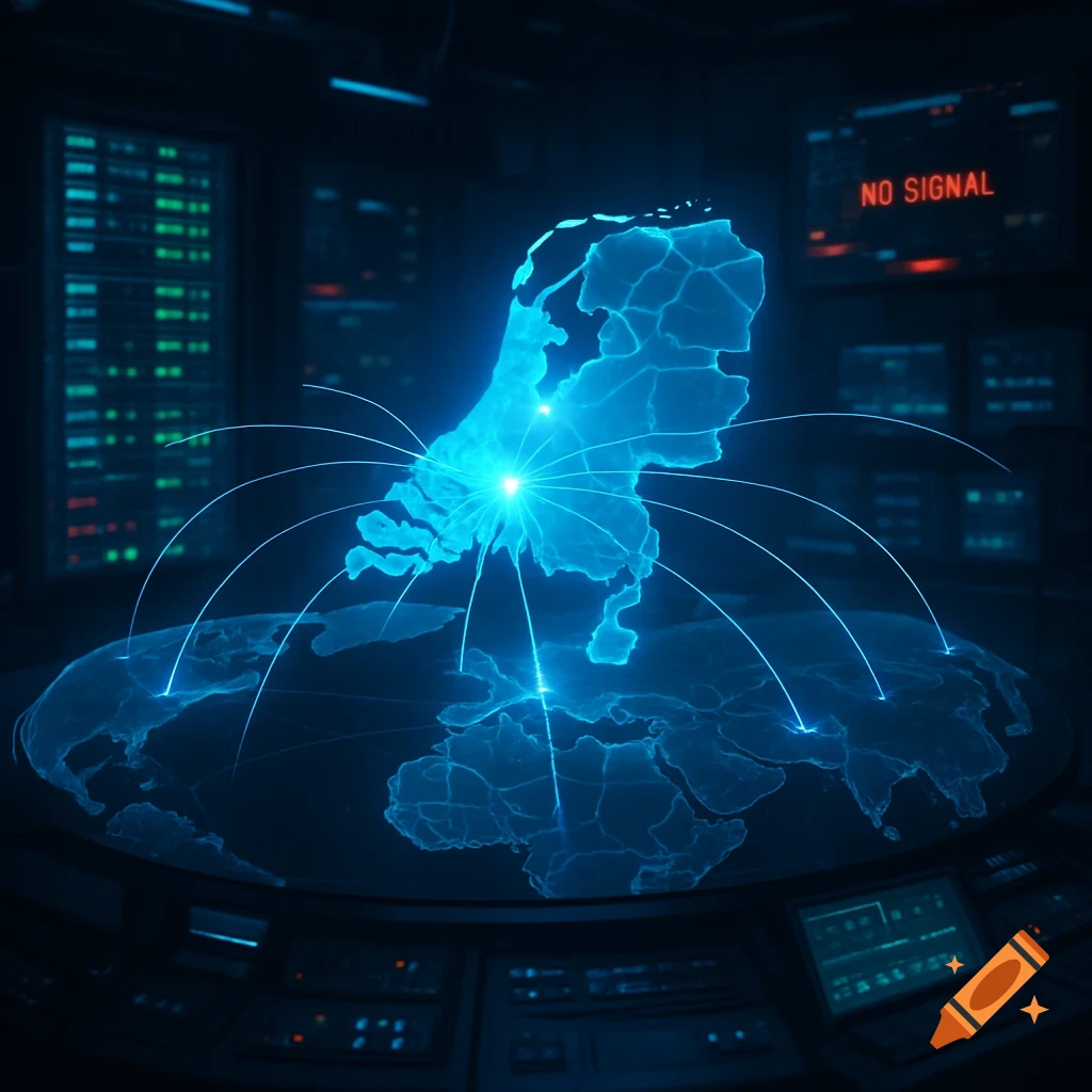 A glowing blue holographic map of the Netherlands with connections radiating, displayed on a control table in a dark server room.