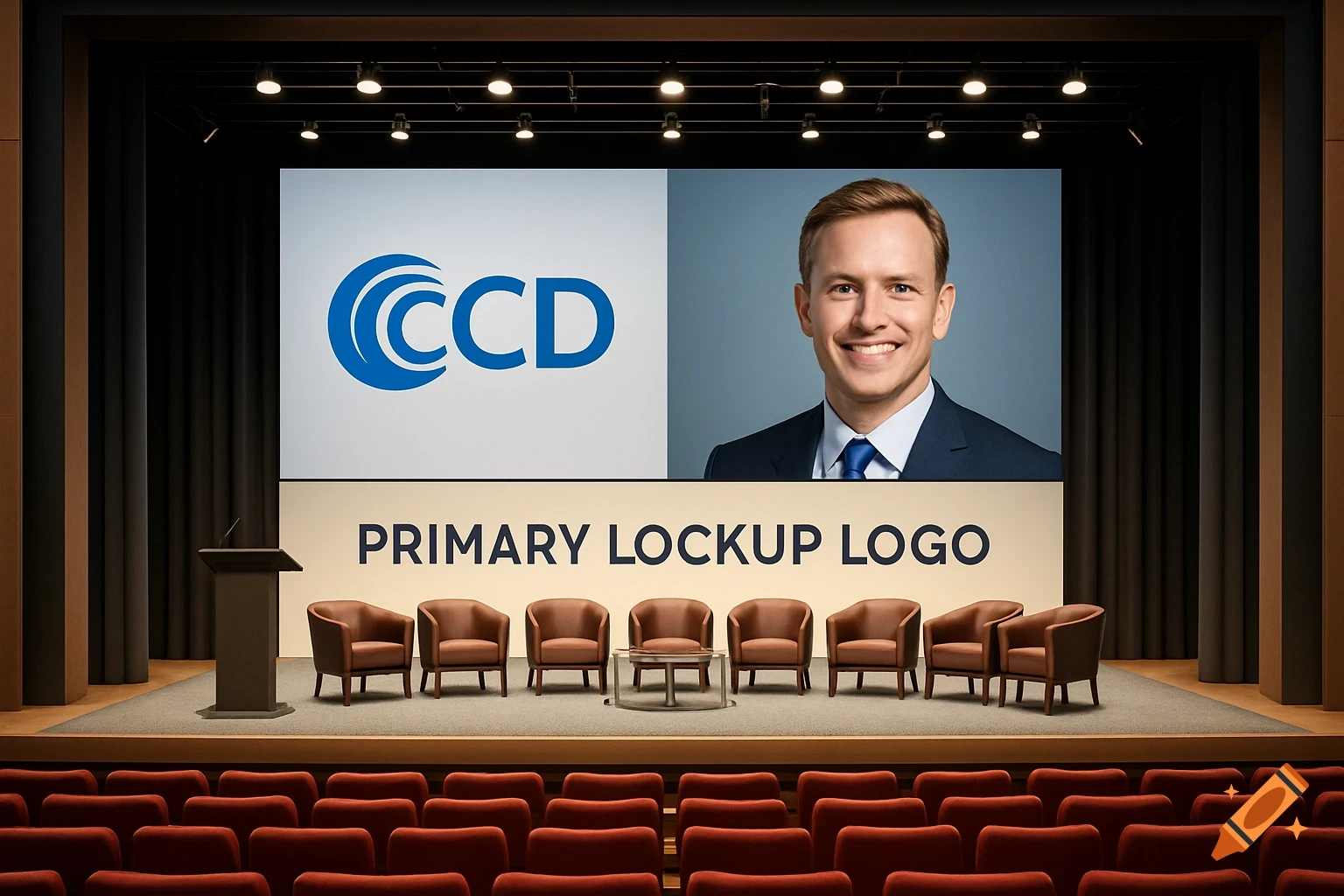 A photorealistic theatre stage setup with a large screen displaying a blue 'CCD' logo and a smiling man in a suit. Below, 'PRIMARY LOCKUP LOGO' text is visible. Eight brown chairs and a lectern are on stage, with red auditorium seats in the foreground.