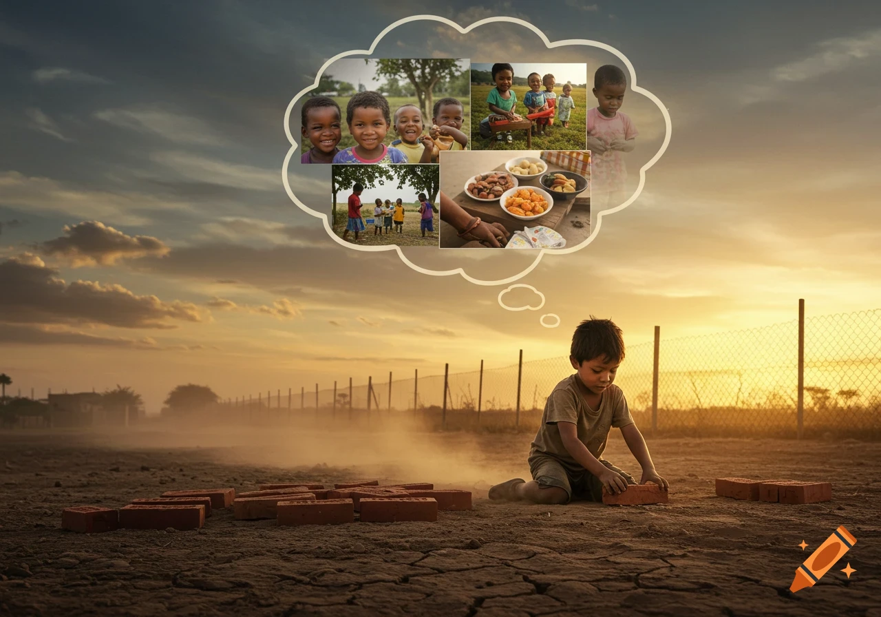 A boy kneels on cracked earth at sunset, playing with bricks, while a thought bubble shows images of happy children and food.