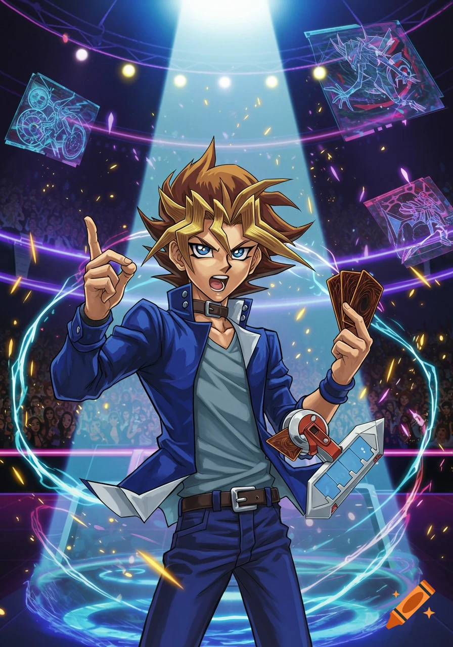 Anime character with spiky hair in a dueling arena holds cards, points up, and is surrounded by glowing effects and floating holographic cards.